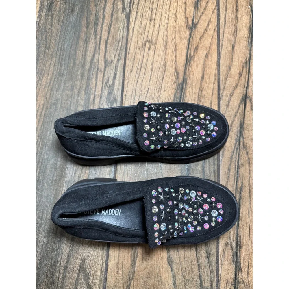 Steve‎ Madden Kids Black Star Studded Platform Loosy Loafers Rhinestone Shoes